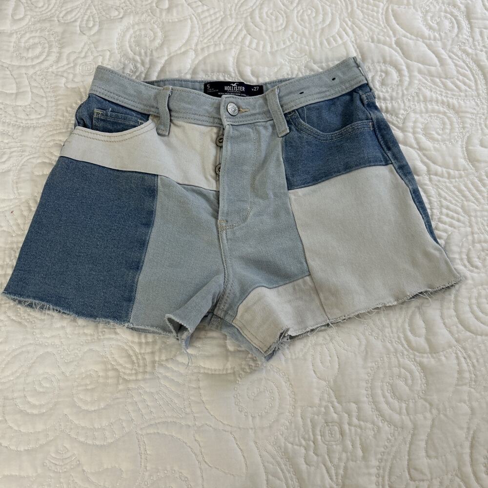 Hollister Jean Shorts Womens 5/27 Blue Patchwork Denim Ultra High Rise Mom